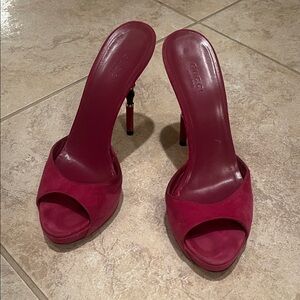 Gucci Heels: Open-Back, Bamboo Accent, Suede, Peep Toe, 37.5 | 7.5